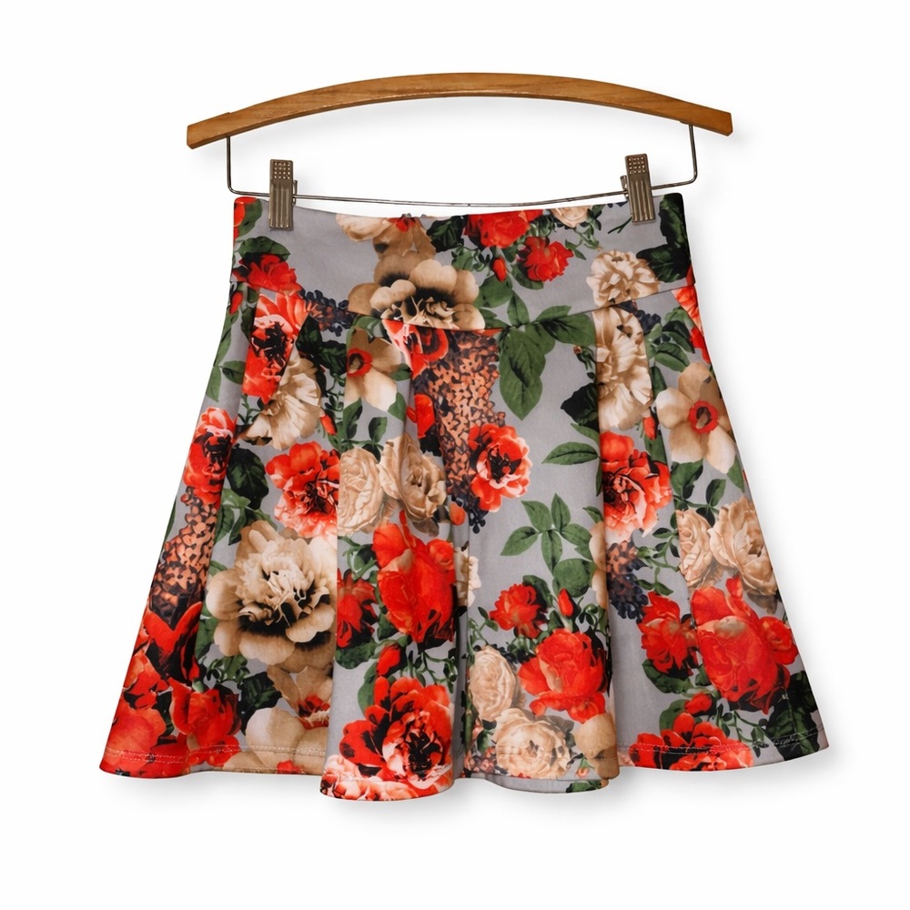 Potters Pot Floral High Waisted A-Line Mini Skirt S | Red Rose Print